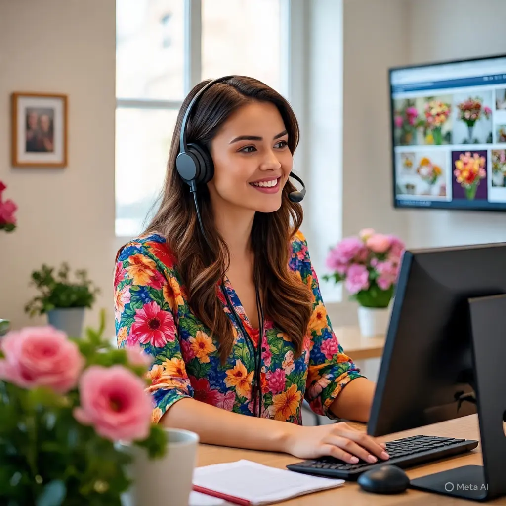 Floral consultant answers calls and offers online support.